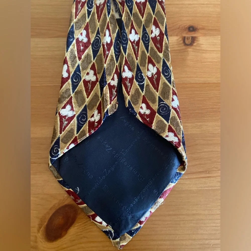 Ermenegildo Zegna Red Blue Gold Diamond Floral Italian Silk Tie